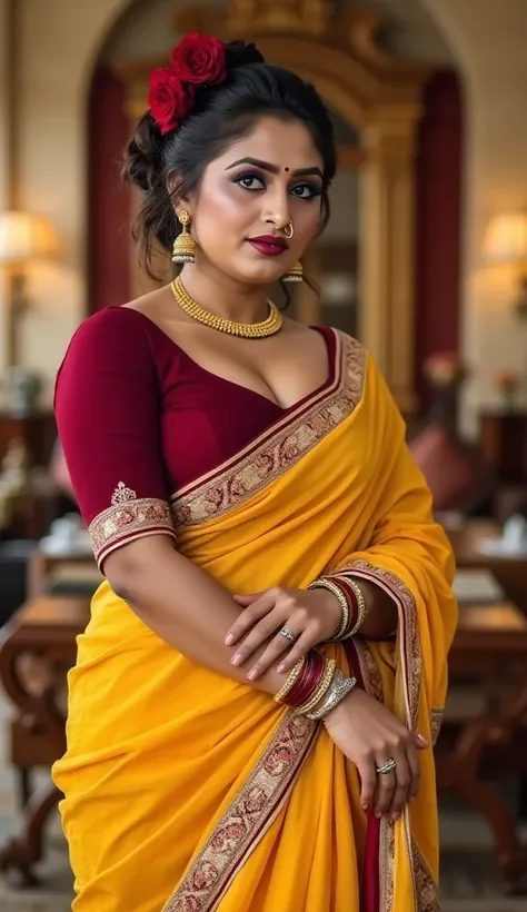 The scene unfolds in a grand, opulent study room with warm, soft lighting, casting a sensual glow over the interior. The South Asian woman, standing tall and confident, is the center of attention. She wears a luxurious yellow sari, the fabric rich and flow...