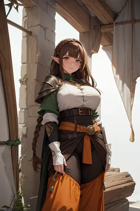 ((Best quality))) (((HD))) (((8K))) (Character) 20-year-old woman, adult looking, ((Adventurous)), long pointy ears, elf, ((Beautiful)) and ((cheerfulness)), (freckles), ((brown hair)) and ((hair just touching shoulders:1.2) and (medium length hair) and (s...