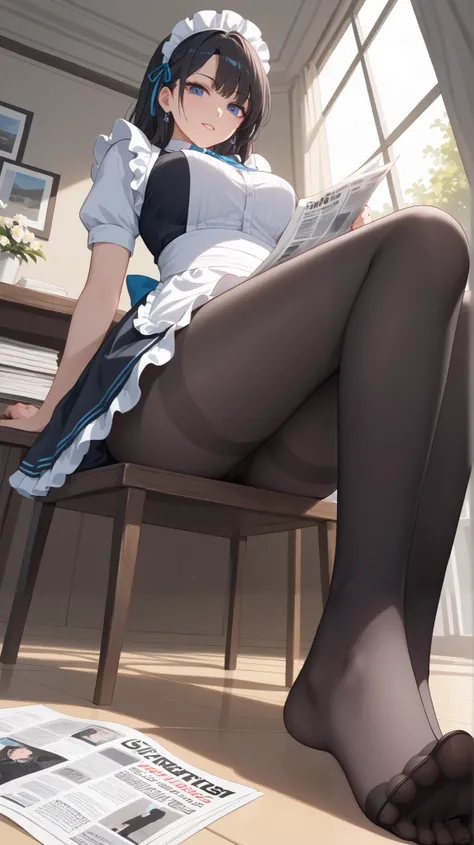 ( HIGHEST QUALITY :1.2,4K,8K, studio animation, is very detailed ,up to date,Vibrant,high detai,  High Contrast ,masterpiece:1.2, HIGHEST QUALITY ,Best aesthetics),((( 1 girl at home))),Sitting,maid,maid服,Blue Ribbon,fresh,Dynamic Angle,Low Angle:1
々Cool a...