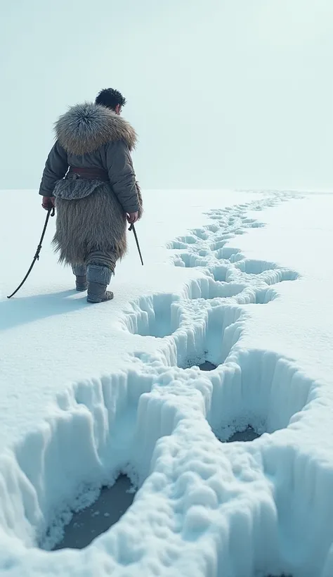 A hunter spots mammoth tracks in the snow.