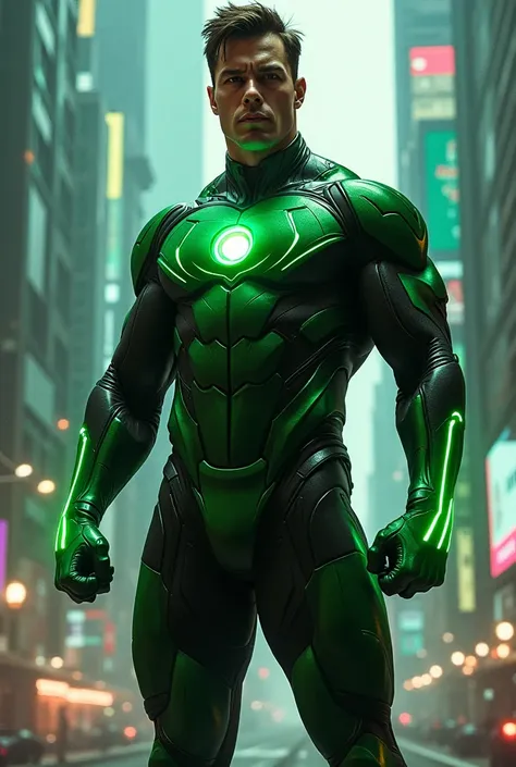 A man as a superhero in a green and black suit
