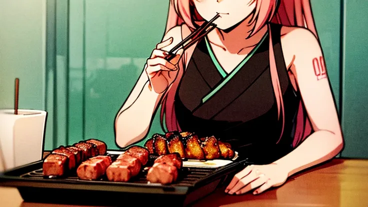  vocalist Megurine Luka , A person grilling meat on a table with chopsticks and eating it alone. Hatsune Miku can be seen as a background character . 90s Japanese retro 