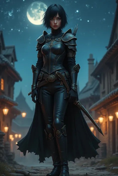 A beautiful female, slim body, wearing a medieval leather armor. Dark leather pants and dark leather boots. She has black short hair and green eyes. on a medieval town looking at the viewer. Fantasy archer armor, Night theme, stars and moon light, the milk...