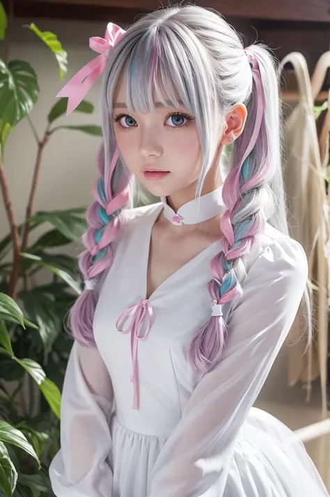  1 girl,Nigomiku\( Project Sekai is being watered\),  heterochromia,  Aqua Eyes, pink eye, long hair, twin tails, Silver Hair, white hair ribbon, Gradation Hair,break (white dress, Long Sleeve, neck ribbon),cowboy shot, expressionless , Masterpiece, top qu...