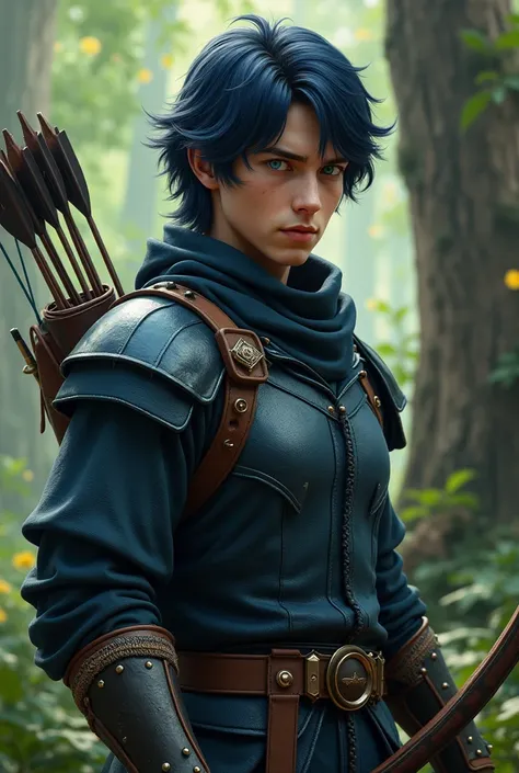 Create an image of an 18-year-old male human,  youthful appearance, smooth face,  with blue eyes , Navy blue hair,  medium hair height ,  defined athletic body , with a bow and arrow , gloves, a combat suit,  is a serious expression on the face ,  in a for...