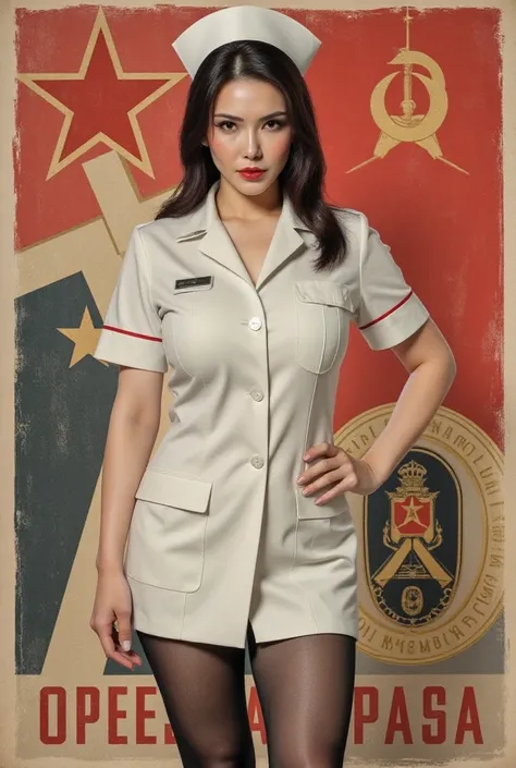 photorealistic,realistic,black pantyhose,poster,soviet poster,nurse,