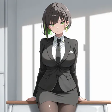 masterpiece, (((( best quality )))),1 girl, Japanese Anime ,character profilele,shiny skin, wearing a black suit,skirt suit, black tie , dark hair, short bob hair,The inner color of the hair is green, green eyes,isosceles triangle earrings, black tights,la...