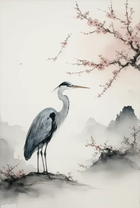 Monochromatic heron amidst blossoming cherry blossoms; ink wash style; serene landscape; crane positioned in profile view; foreground features a subtly textured, light-grey ground; background features a misty, mountainous range; cherry blossom branch stret...