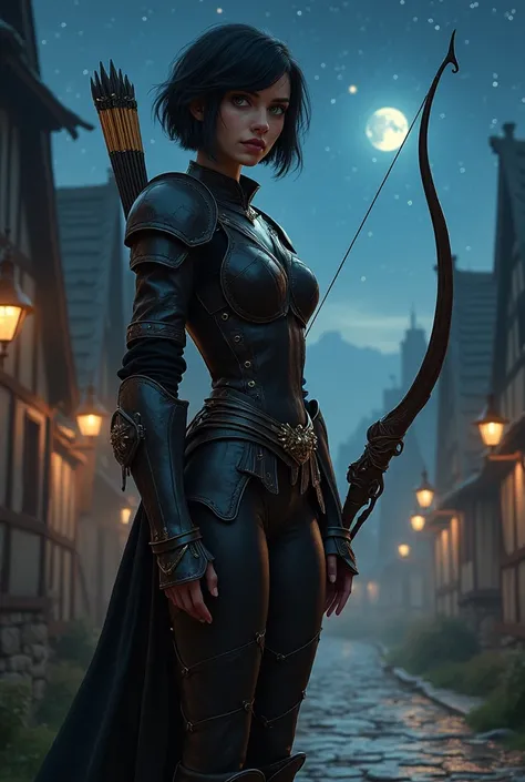 A beautiful female, slim body, wearing a medieval leather armor. Dark leather pants and dark leather boots. She has black short hair rurned to the side and green eyes. on a medieval town. Fantasy archer armor, night theme, stars and moon light, the univers...