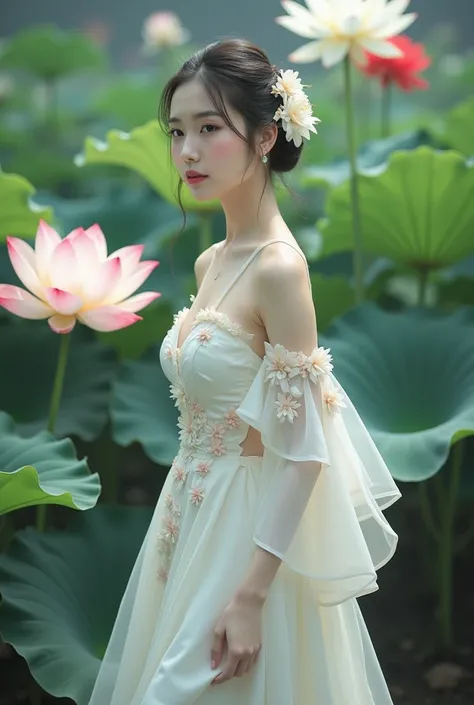 a woman in an elegant, flowing white gown adorned with floral designs. She is standing in a serene environment surrounded by large lotus flowers in various colors, including white and red, along with broad green leaves. The setting resembles a tranquil gar...