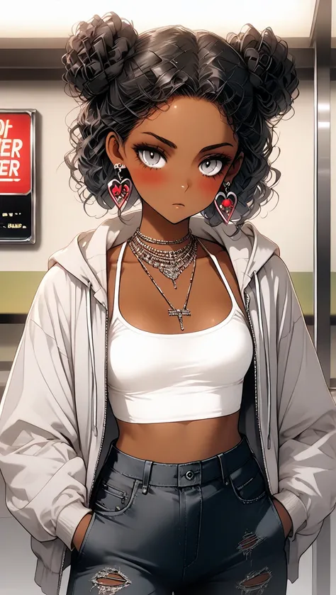 1Girl, Mature, Ebony, African American, Dark Skin, Jet Black Short Curly Hair, Small Double Buns, Ash Grey Eyes, Medium Chest, White Halter Crop-Top, White Cropped High-Cut Hoodie, Black Ripped Jeans, Jewelry, Heart Earrings, Looking At Viewer, Bored, Seri...