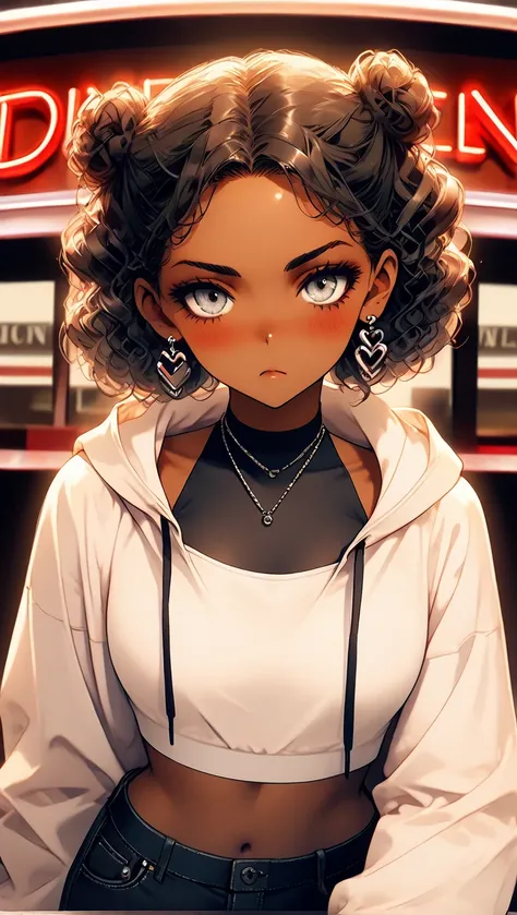 1Girl, Mature, Ebony, African American, Dark Skin, Jet Black Short Curly Hair, Small Double Buns, Ash Grey Eyes, Medium Chest, White Halter Crop-Top, White Cropped High-Cut Hoodie, Black Ripped Jeans, Jewelry, Heart Earrings, Looking At Viewer, Bored, Seri...