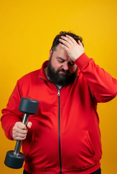 An obese man in his thirties with a beard and psychological fatigue, wearing a bright red sports jacket. He holds a dumbbell in one hand and the other hand holds his head in fatigue and sadness against a solid yellow background.