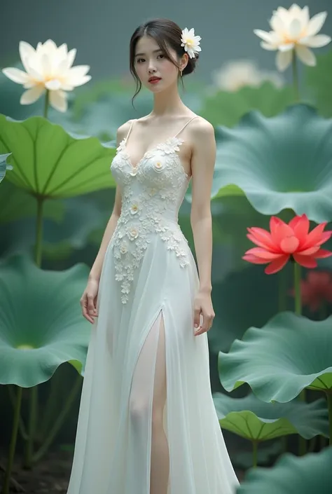 a woman in an elegant, flowing white gown adorned with floral designs. She is standing in a serene environment surrounded by large lotus flowers in various colors, including white and red, along with broad green leaves. The setting resembles a tranquil gar...