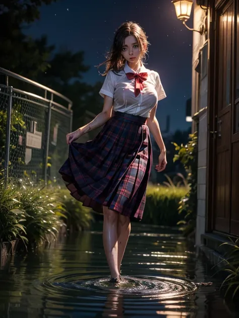 A beautiful ghost girl in a torn schoolgirl uniform , clothes are broken , big breasts , long skirt dark red , long plaid skirt , pleated skirt , red knot , red bow , wet and sweaty , wet white shirt , Climbing out of the terrifying pond , Nighttime