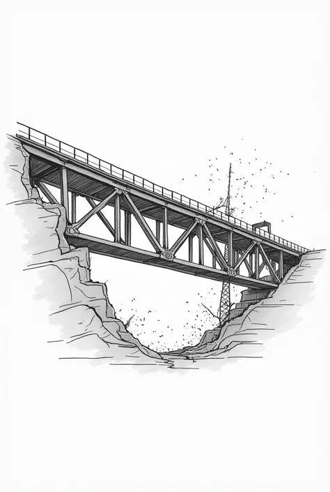 A 2D vector illustration of a steel truss bridge experiencing structural failure. The bridge is visibly sagging in the middle due to excessive deformation, with multiple cracks and fractured connections. Some truss members are completely broken or detached...