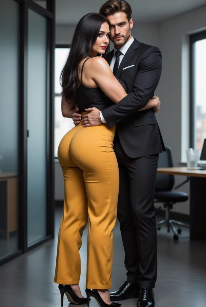 Sexy executive ,   curvilinear,  voluptuous(((Hot mature, sexy and lush 48 years old))),    hourglass figure ,    ass,   big buttocks  , big busts,  wasp waist, viste Heidi Wide Leg Trouser Pant - Mustard, black tank top,  wearing shiny black heels ,   STR...