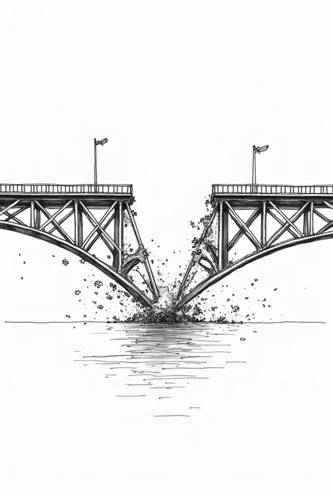 A 2D vector illustration of a steel truss bridge experiencing structural failure. The bridge is visibly sagging in the middle due to excessive deformation, with multiple cracks and fractured connections. Some truss members are completely broken or detached...