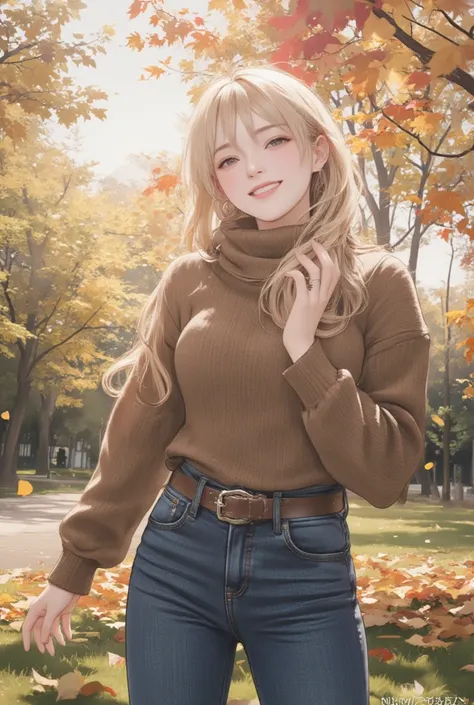 Cute blonde tween girl in a park. It's autumn and she is wearing a brown sweater and tight blue denims