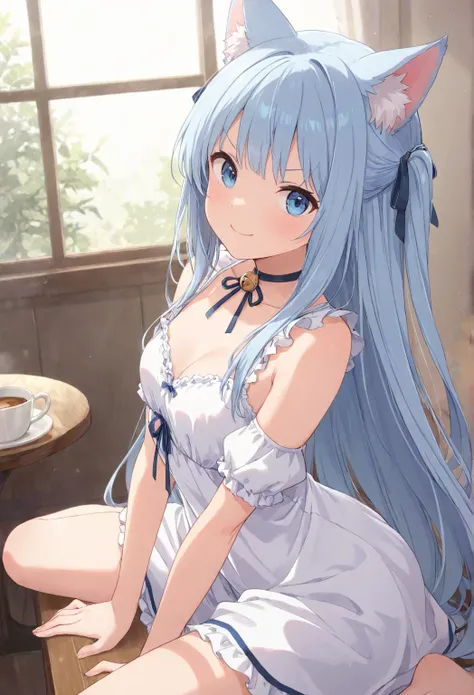 very awa, masterpiece, best quality, newest,  highres, absurdres、 fantasy world、 1 、Cat girl、 long hair、 small breasts 、 light blue hair、smile、Cafe、 wooden table and chairs 、Bell Choker、White clothes、