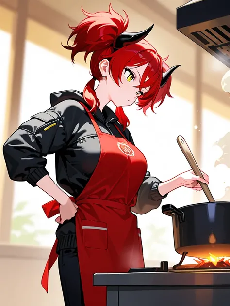 A black horn grows from the right temple ,Red Hair, short pigtails from the left back of the head to the neck,, skinny      , black down jacket,big  breast , yellow eye,idol pose,cooking, apron uniform