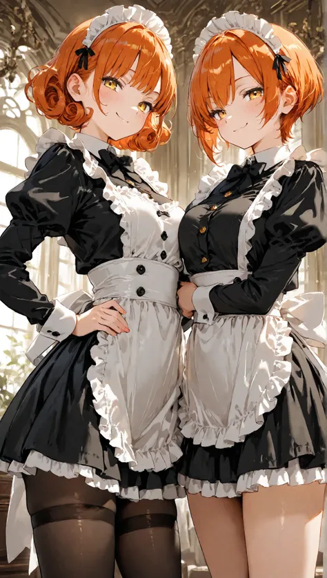 2 girls,very messy curly orange short hair,Yellow eyes,short skirt maid costume,thigh-length tights ,Smug glances,,In a luxurious mansion 