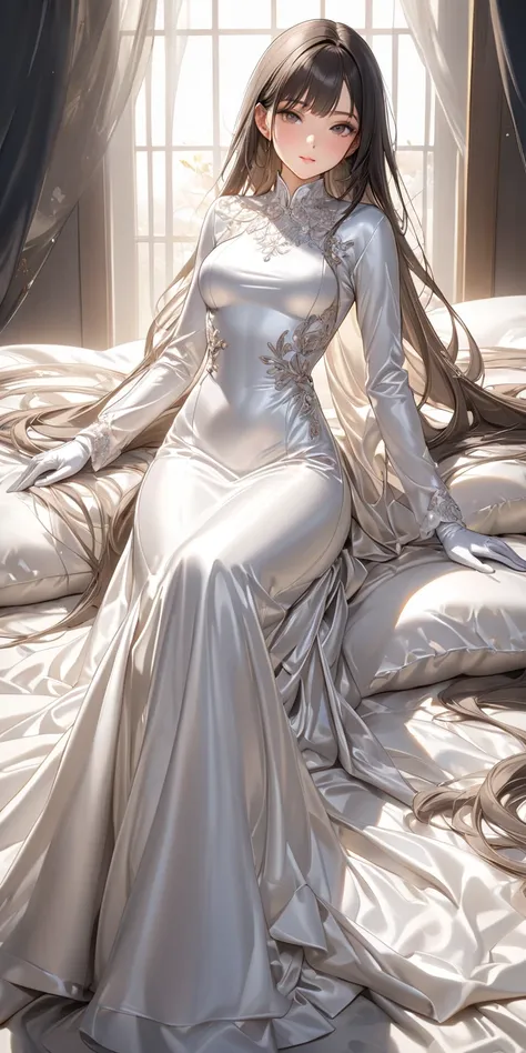  full body photo、 portrait 、(Masterpiece, top quality,  Ultra High Resolution ), Highly Detailed CG, Japanese woman,(( beautiful face)),(( long sleeve long dress made of shiny white silk satin))、((The dress has a simple design without embellishments))、drap...