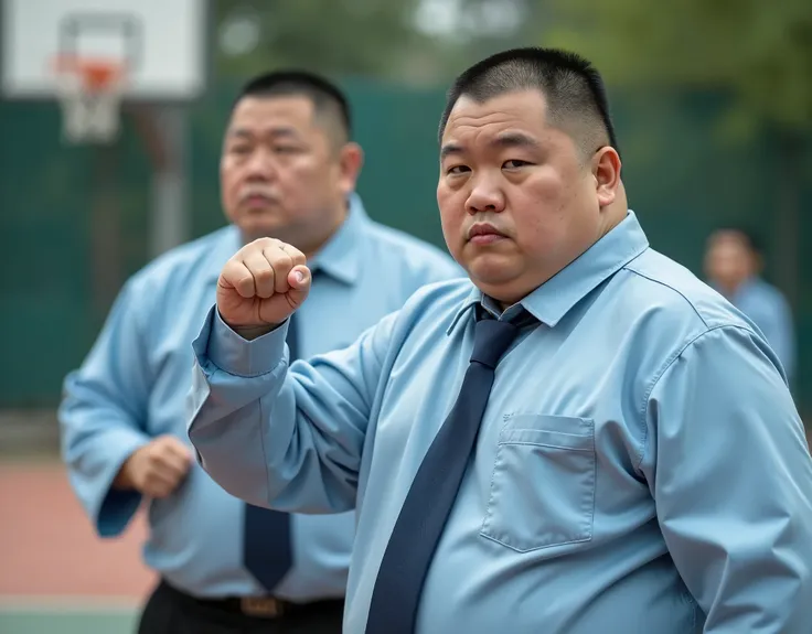  best quality,  facial focus,  ultra high resolution , (realism:1.4),  RAW Photo ,  two obese young Chinese men in suits， Extraordinarily Short Hair ，Lips tightly closed， light blue shirt ， dark blue tie 、 has a serious expression， facing the camera，Basket...