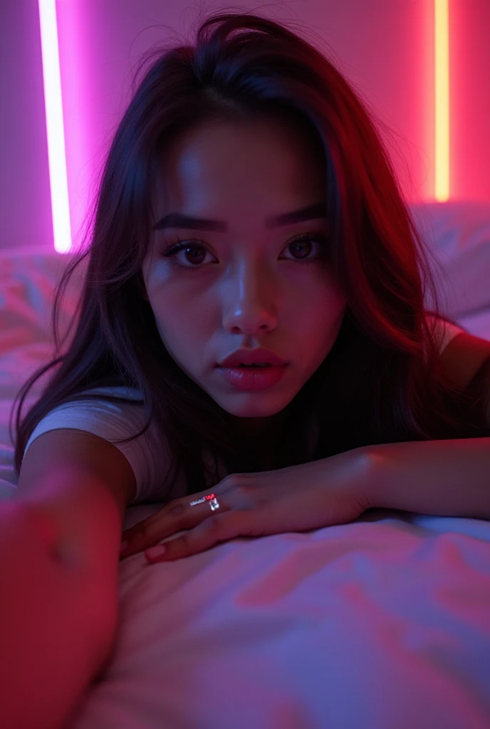 Gamer girl, very beautiful, suggestive selfie perspective with makeup. Lying face down on her bed with neon lights in the background, long brown hair, brown eyes. Very beautiful reflection of neon lights on it 