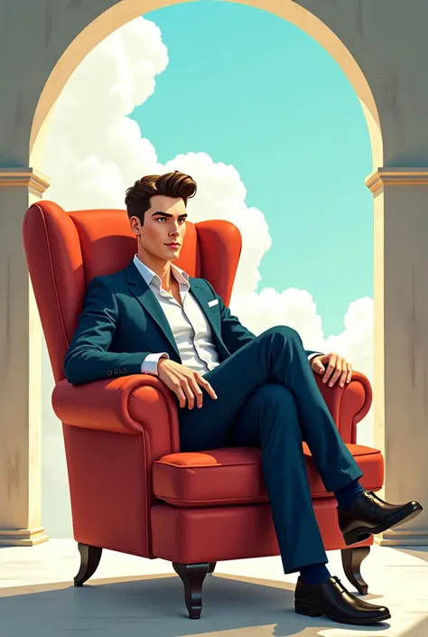 cartoon 4D, handsome man with white skin sitting on chair 