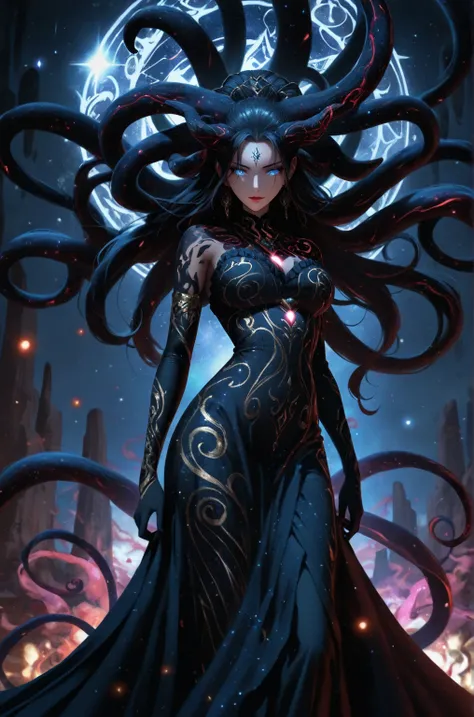 ((Huge breast)), ((An anime-style depiction of an eldritch chaos goddess, her long, flowing black hair entwined with glowing tendrils of shadow)), ((her radiant blue eyes glow with cosmic intensity, adding a sense of divine dread to her beauty)), ((she wea...