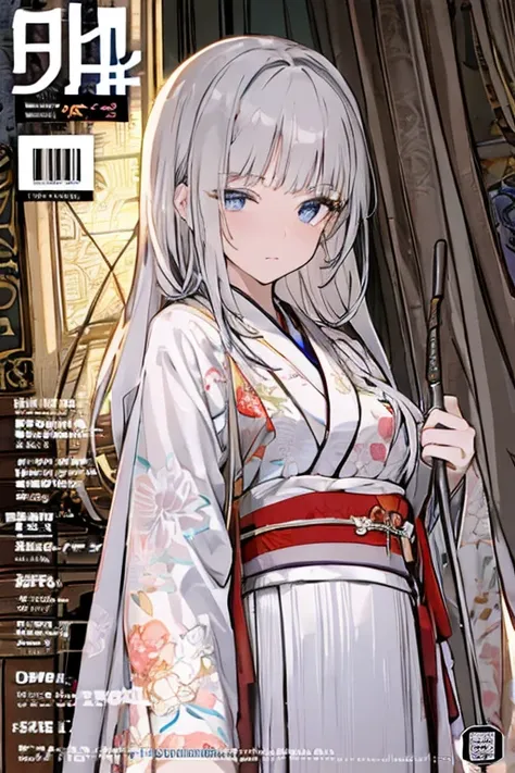 (from below:1.3,Best Quality),a girl ,kimono uniform:1.3 ,platinum color hair,Purplish  blue eyes that dreamers desire, small stature, medium tits , Lori face, (masutepiece:1.2, Best Quality), (finely detailed beautiful eye: 1.2), (beautifull detailed face...