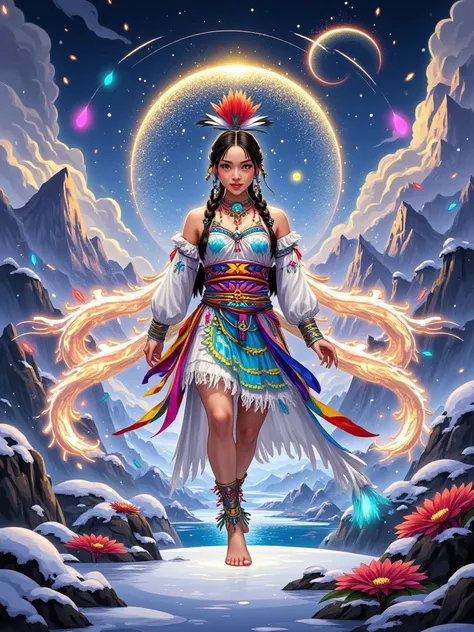 Craft an electrifying 3D masterpiece that bursts with color and energy, celebrating the vibrant spirit of Indigenous cultures. At the center, depict a majestic shaman or tribal leader in dynamic motion, surrounded by a swirling vortex of traditional symbol...