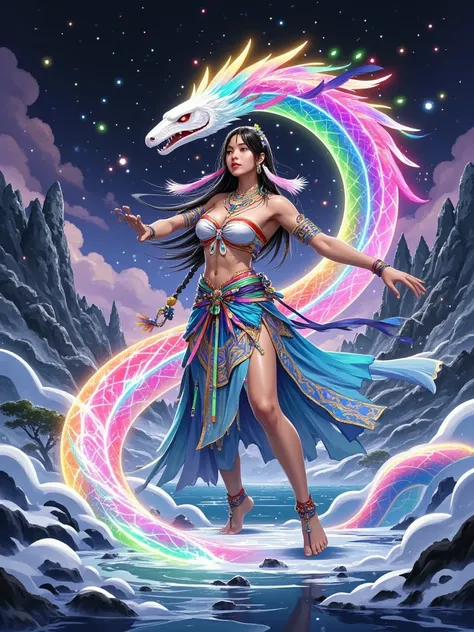 Craft an electrifying 3D masterpiece that bursts with color and energy, celebrating the vibrant spirit of Indigenous cultures. At the center, depict a majestic shaman or tribal leader in dynamic motion, surrounded by a swirling vortex of traditional symbol...