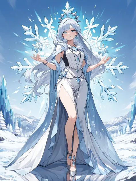 1girl, A graceful and cool-headed girl Pokémon Trainer who embodies the power of ice. She wears a shimmering light blue and silver outfit with frosty designs like snowflakes and icicles. Her long hair is icy white with hints of frosty blue, flowing in an e...