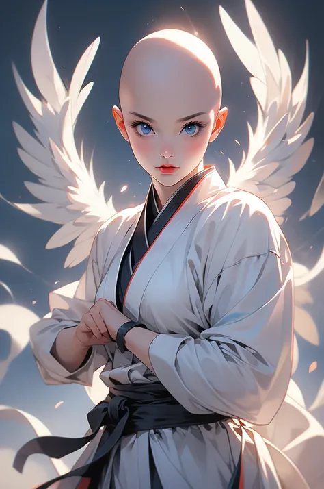 1girl, bald, angel wings, martial arts pose, blue eyes