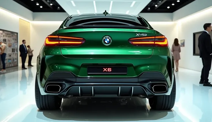 A full back-end view of a futuristic sports luxury 2025 BMW X6 painted in a pristine shiny green, showcasing the rear bumper and lower details in an ultra-luxurious showroom with a gleaming white floor. The bold and aerodynamic design features sharp, angul...