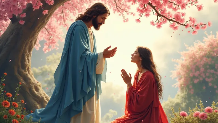 Jesus in blue scarf standing under cherry tree. 
Mary Magdalena in red scarf, down on knees, hands together praying , cherry tree, bush flower, abstract background 