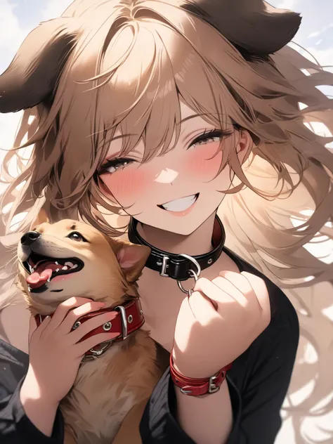 top quality, masterpiece,  high resolution, 8k, (1 girl), Alone, (((face shot))), Beautiful Girl with Dog Ears, ((( best smile))),  brown semi-long hair holding out both hands,  toro face, Hold out the dog collar you hold with both hands, (((Beautiful girl...