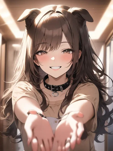 top quality, masterpiece,  high resolution, 8k, (1 girl), Alone, (((face shot))), Beautiful Girl with Dog Ears, ((( best smile))),  brown semi-long hair holding out both hands,  toro face, Hold out the dog collar you hold with both hands, (((Beautiful girl...