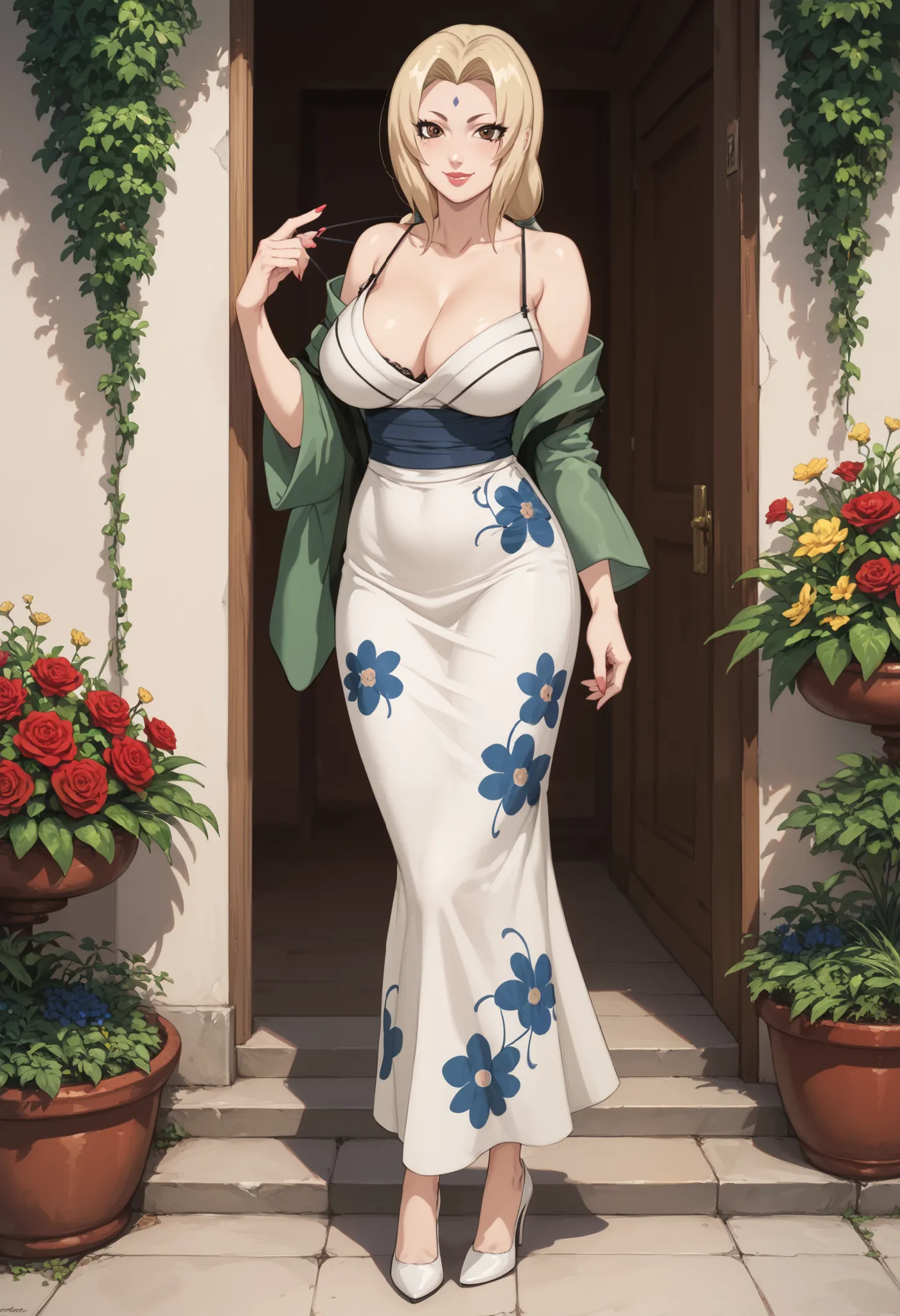 Tsunade is extremely gorgeous and beautiful. She has extremely fair white skin, red glossy plump lips, big brown eyes, a slim yet sexy hourglass figure, and a normal body. Tsunade is wearing a long white dress with blue floral patterns, spaghetti straps, a...