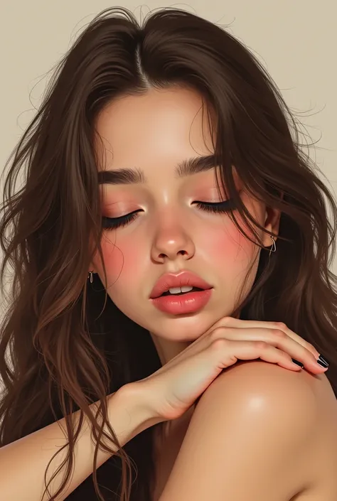  aesthetic art illustration draw art not 3D of a girl with long brown hair, plumpy lips, middle eastern, big brown eyes long eyelashes, big nose, with her eyes closed and resting her head on ber shoulder with a dull look