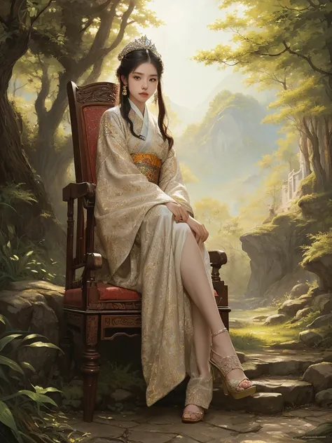 (fantasy art), Korean girl, ((full body, )) beautiful, perfect face, sweet face, A Korean Queen sitting in a throne wearing high heels crossing legs, dark eyes, fantastic clothes, dressed in a intricate detailed traditional Korean dress, background with or...