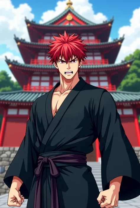 Realistic anime man, 28 years old;
Red hair;
Short hair;
Anger face;
Wearing black kimono;
Red japanese castle background;
Facing forward;
Full body pict;
Photo up to thigh.