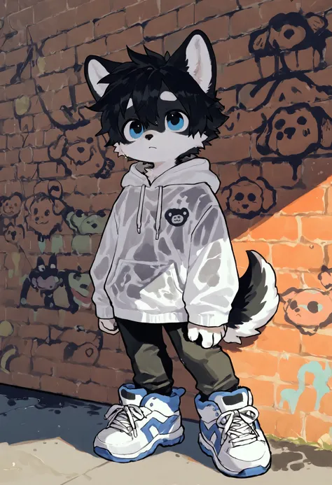 source_ furry， furry male，elementary school students，((boy  ))，Dog boy  , (furry, kemono  :1.4)， masterpiece, best quality, perfect anatomy, bright eyes, detailed eyes, furry,  male,cute, smaller male，Detailed background: Graffiti wall,
 The clothes were c...