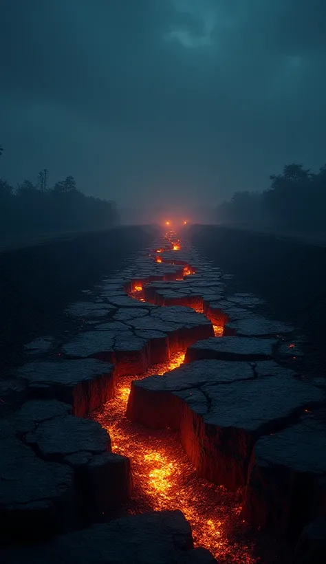 "A night view of Jharia with glowing underground fires visible through cracks in the earth."