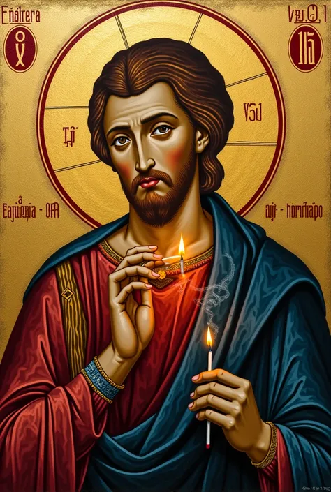 A byzantin painting. A saint lights up his face with a fire from a match while lights up his cigar.