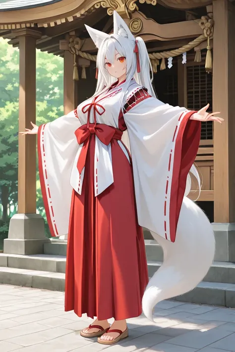 　Fox　Shrine maiden costume　whole body　front　 standing　Spread your arms straight to the side　Sandals　Tail