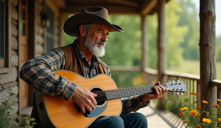 (photorealism:1.2), A highly detailed and realistic image of An cowboy sitting on the porch of a rustic wooden cabin, playing a weathered steel guitar. He wears a classic cowboy hat, a plaid flannel shirt, and a brown leather vest, exuding wisdom and nosta...