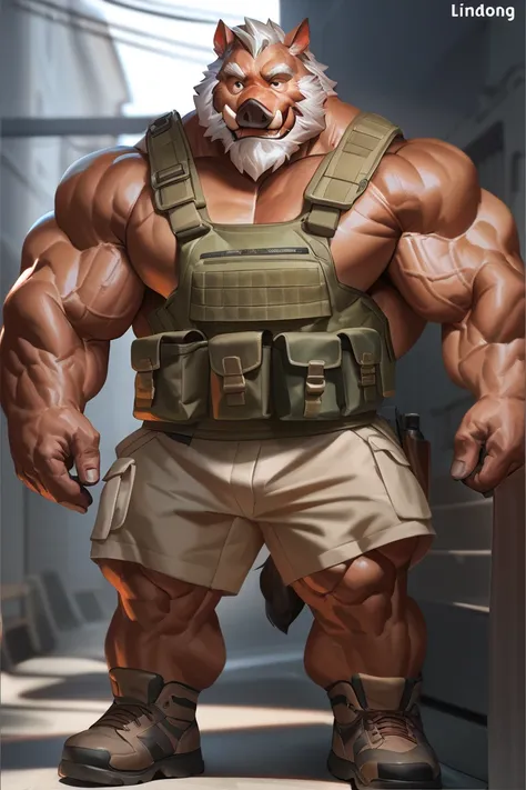 lindong, muscular man wear working as soldier, soldier uniform, standing, furry, an anthro (boar), an anthto, a old man big muscular, happy expression, extremely detailed muscle, detailed face, face, detailed eyes, eyes, detailed muscle, photography, backg...